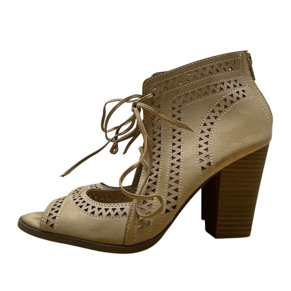 Restricted Womens Beige Peep-Toe Lace-Up Back Zipper Heeled Sandals Sz 8.5 - Picture 3 of 8